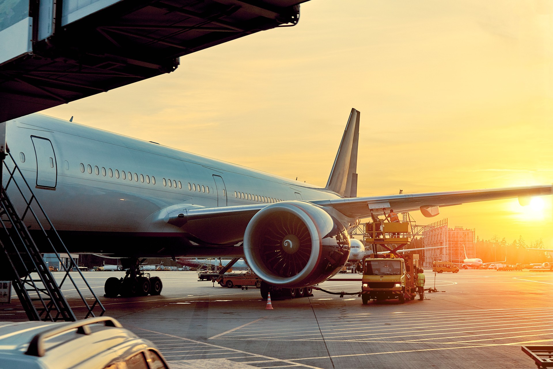 close up of an airplane engine in sunlight